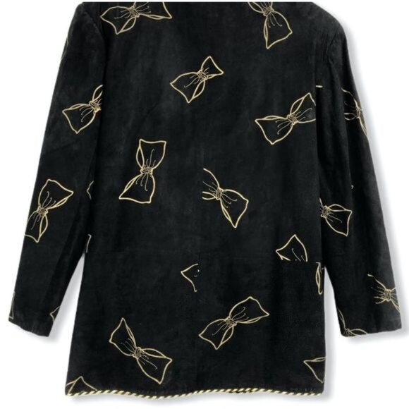 90’s Vintage Black Leather Bow Print Crystal Heart Button Blazer Jacket - Picture 7 of 13